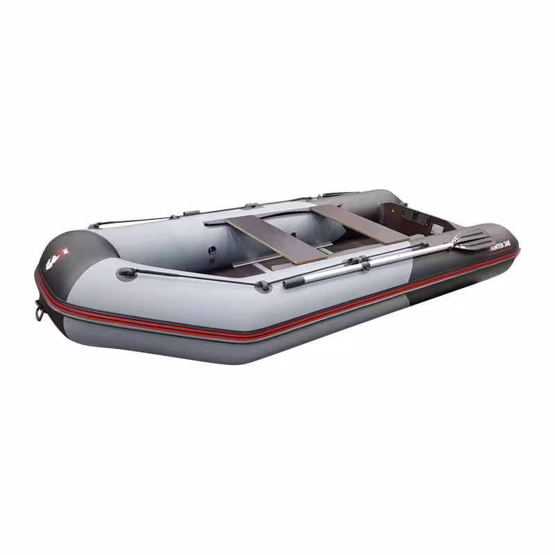 Надувная лодка ПВХ HunterBoat 340, пайол фанерный, серый/черный