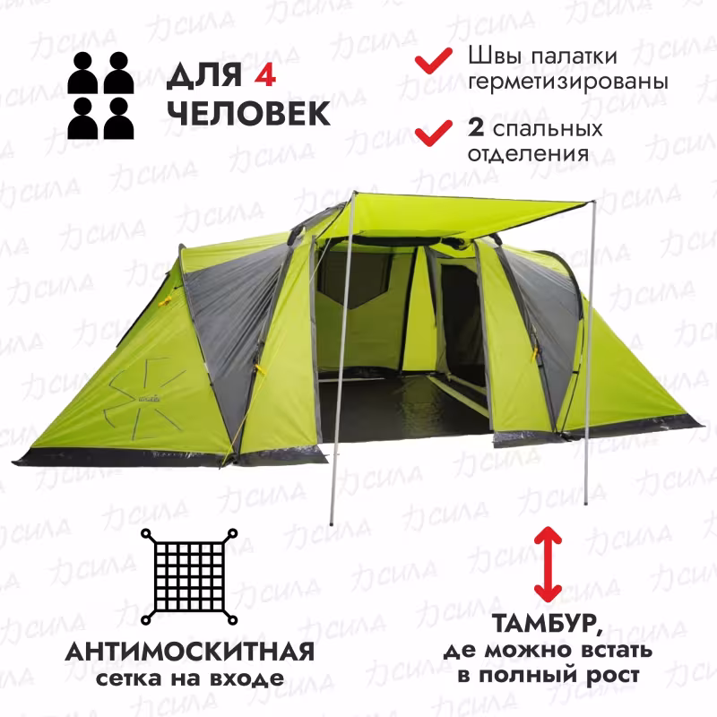 Палатка кемпинговая автоматическая Norfin Salmon 4 NF, 4-местная, 480х460х180 см, зеленый/серый 