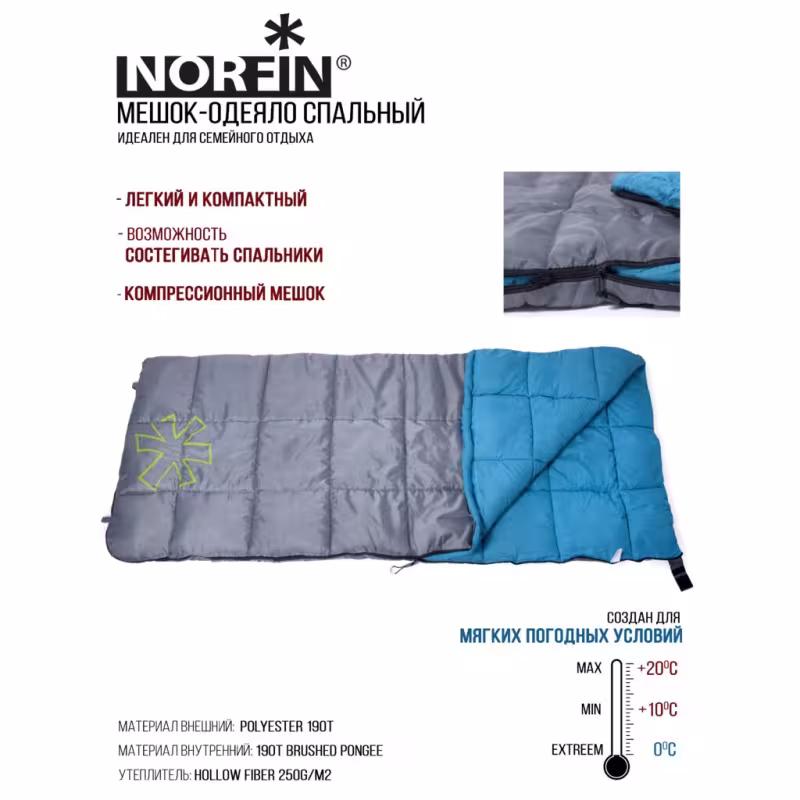 Мешок спальный Norfin Alpine Comfort  250 R, NFL-30237, голубой/серый (до 0°С)