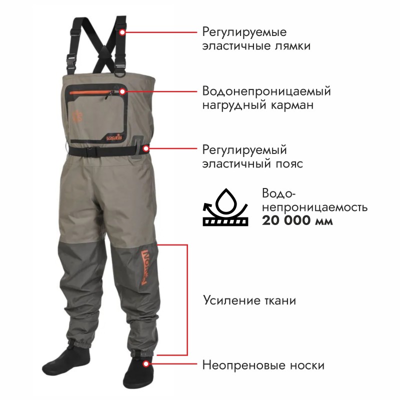 Полукомбинезон-вейдерсы Norfin Flow 01, мембрана, серый, размер 46 (S), 165-173 см