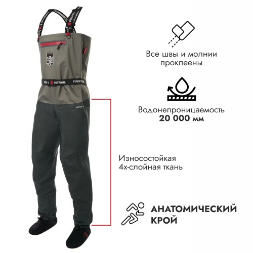 Полукомбинезон-вейдерсы Finntrail Wademan 1524 Grey, мембрана Hard-Tex, серый, размер 48-50 (M), 170-180 см