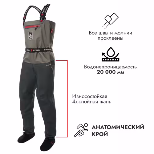 Полукомбинезон-вейдерсы Finntrail Wademan 1524 Grey, мембрана Hard-Tex, серый, размер 54-56 (XLL), 195-205 см