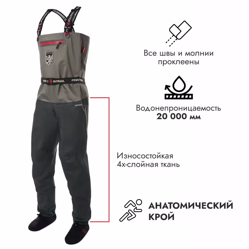 Полукомбинезон-вейдерсы Finntrail Wademan 1524 Grey, мембрана Hard-Tex, серый, размер 58-60 (XXL), 185-195 см