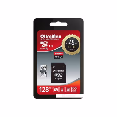 Карта памяти OltraMax 128 Gb microSDXC Class 10 UHS-1 Elite  с адаптером SD 45 МВ/s
