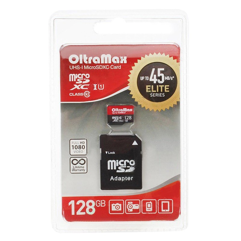 Карта памяти OltraMax 128 Gb microSDXC Class 10 UHS-1 Elite  с адаптером SD 45 МВ/s