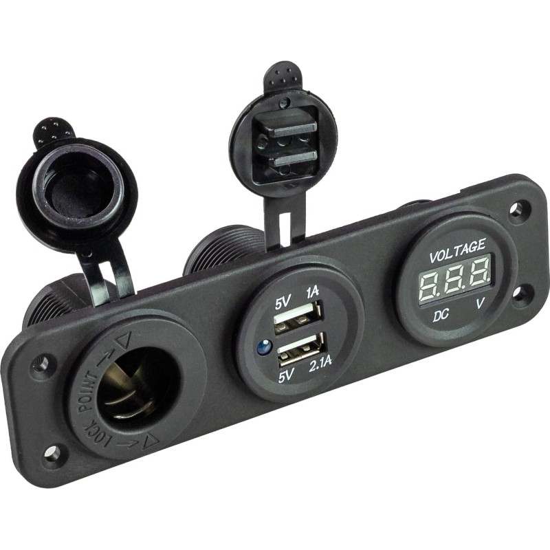 Гнездо зарядное AAA USB 5В 2.1А, с прикуривателем и вольтметром