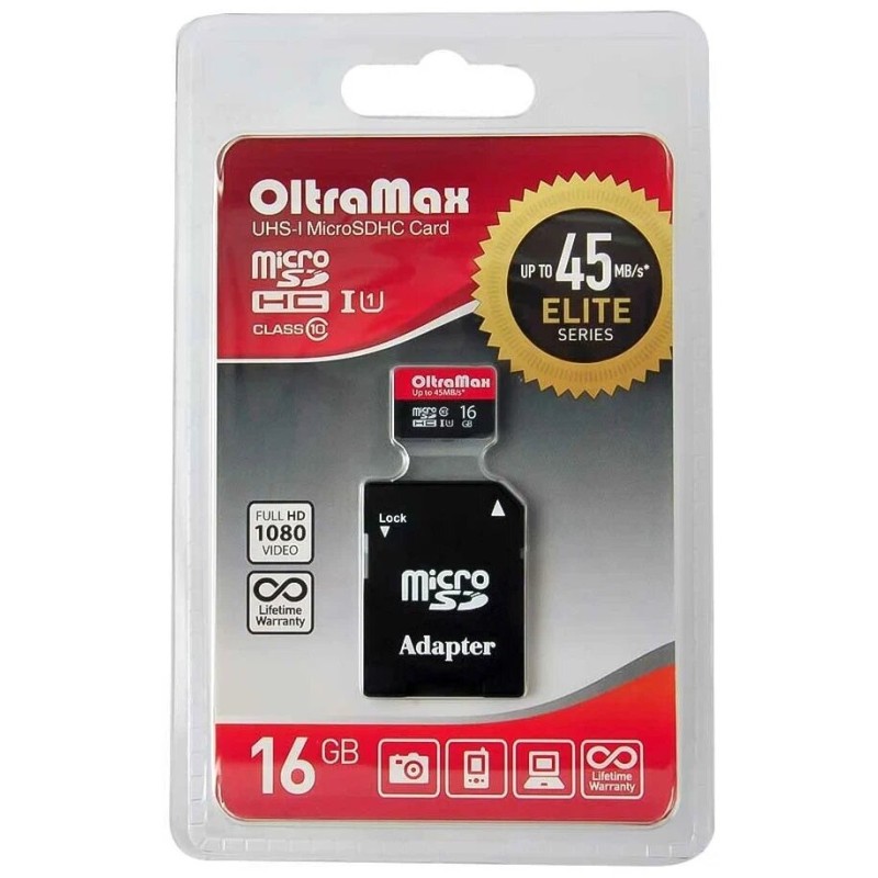 Карта памяти Oltramax 16 Gb microSDCH Class 10, с адаптером SD