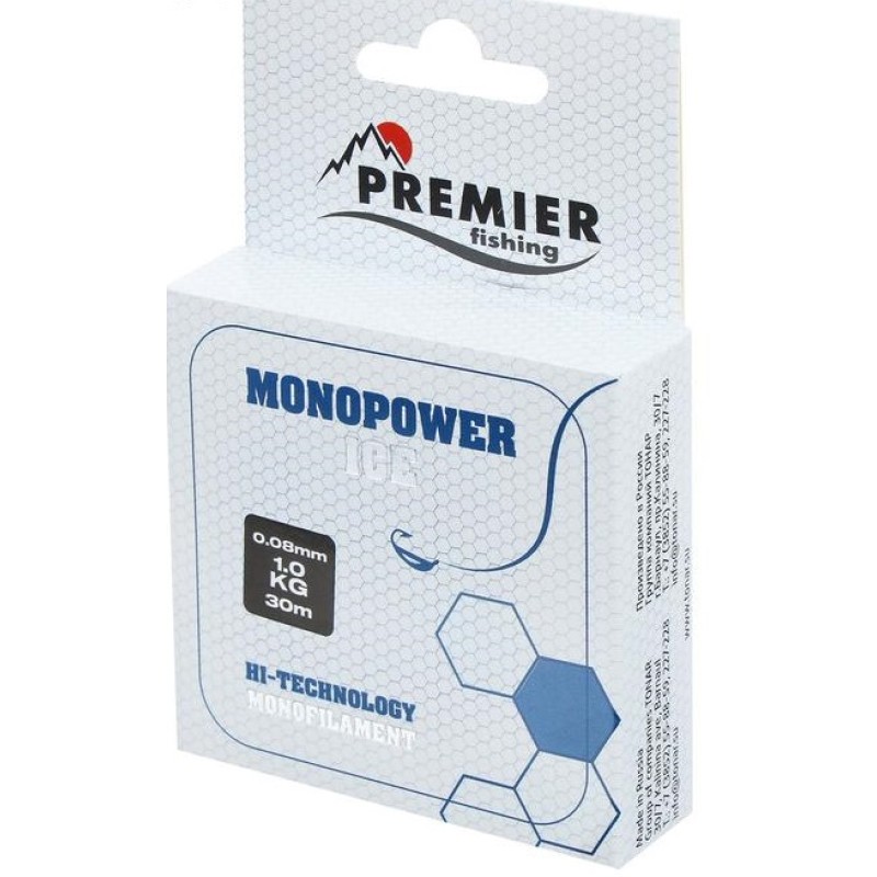 Леска Premier Fishing Monopower Ice, 30м, 0,08мм, 1 кг, прозрачная