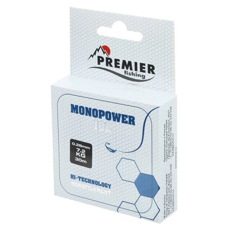 Леска Premier Fishing Monopower Ice, 30м, 0,28мм, 7,2 кг, прозрачная