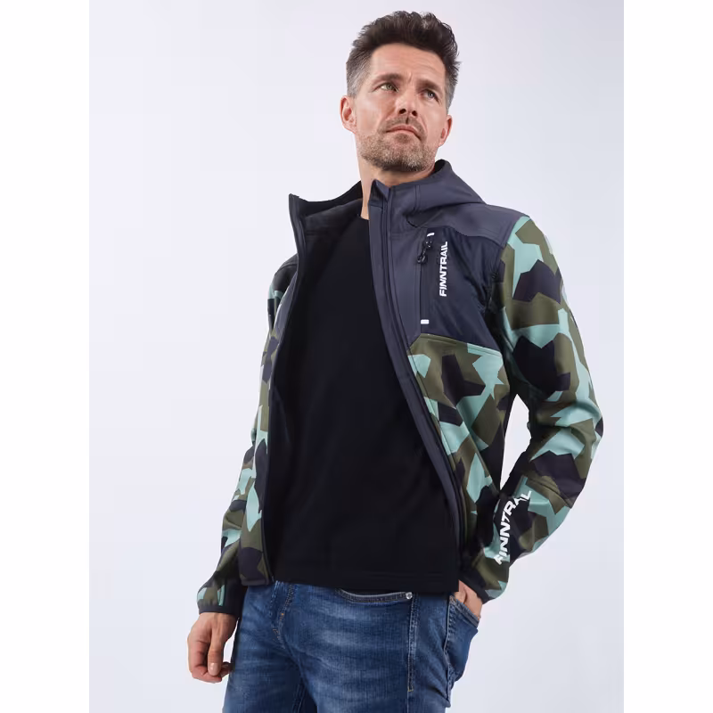 Куртка мужская Finntrail Softshell Nitro 1320, ткань Софтшелл, зеленый камуфляж/черный, размер 62-64 (XXXL), 190-200 см
