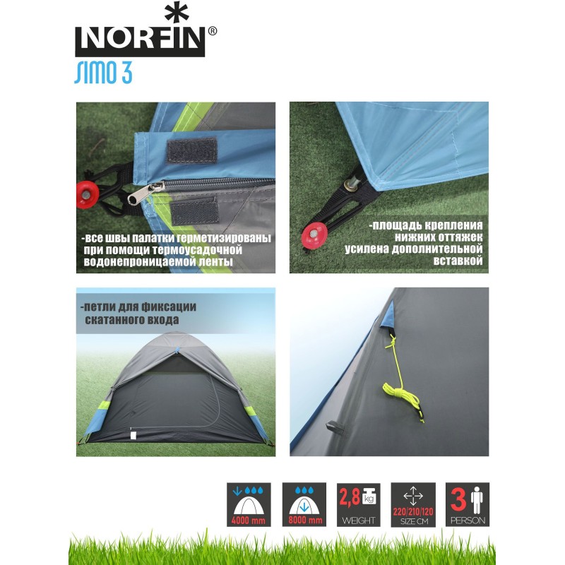 Палатка туристическая Norfin Simo 3 NFL, 3-местная, серый/зеленый/голубой