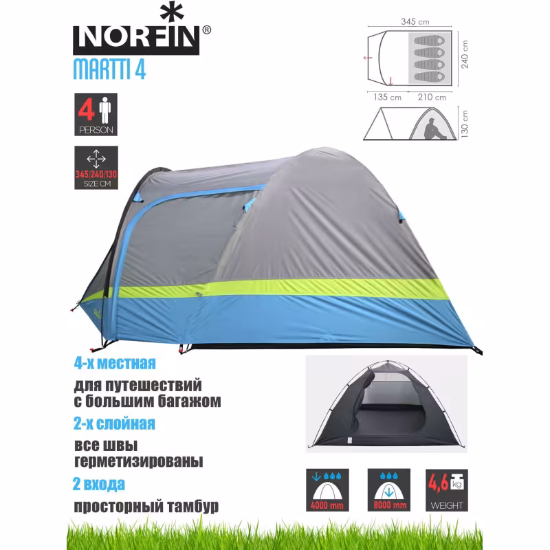 Палатка туристическая Norfin Martti 4 NFL, 4-местная, 135+210х240х130, серый/голубой