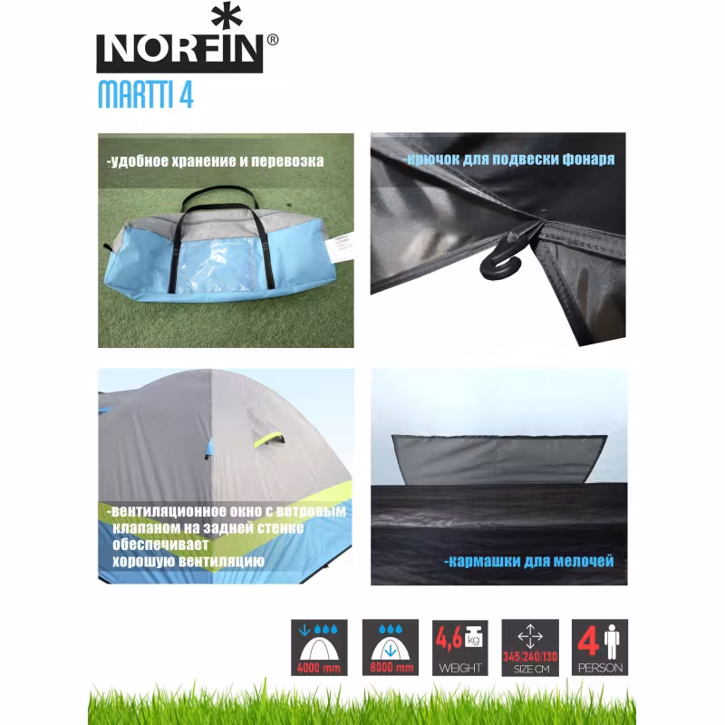 Палатка туристическая Norfin Martti 4 NFL, 4-местная, 135+210х240х130, серый/голубой