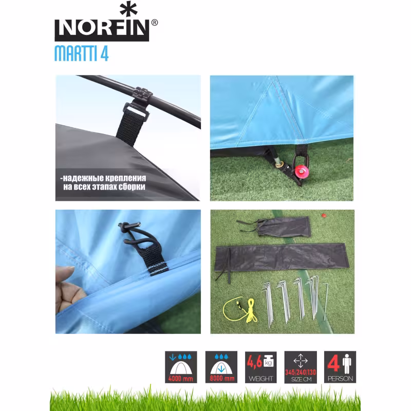 Палатка туристическая Norfin Martti 4 NFL, 4-местная, 135+210х240х130, серый/голубой