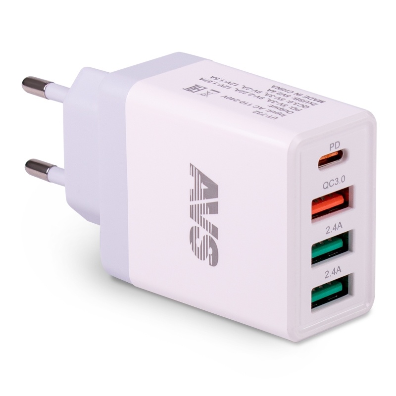 Сетевое зарядное устройство AVS UT-732, USB 4 порта, QC 3.0, PD Type C, 3A 