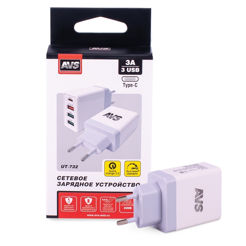 Сетевое зарядное устройство AVS UT-732, USB 4 порта, QC 3.0, PD Type C, 3A 