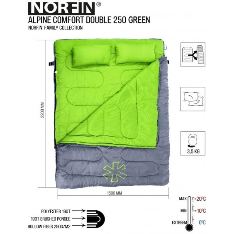 Мешок спальный Norfin Alpine Comfort Double 250, зеленый (до +5)