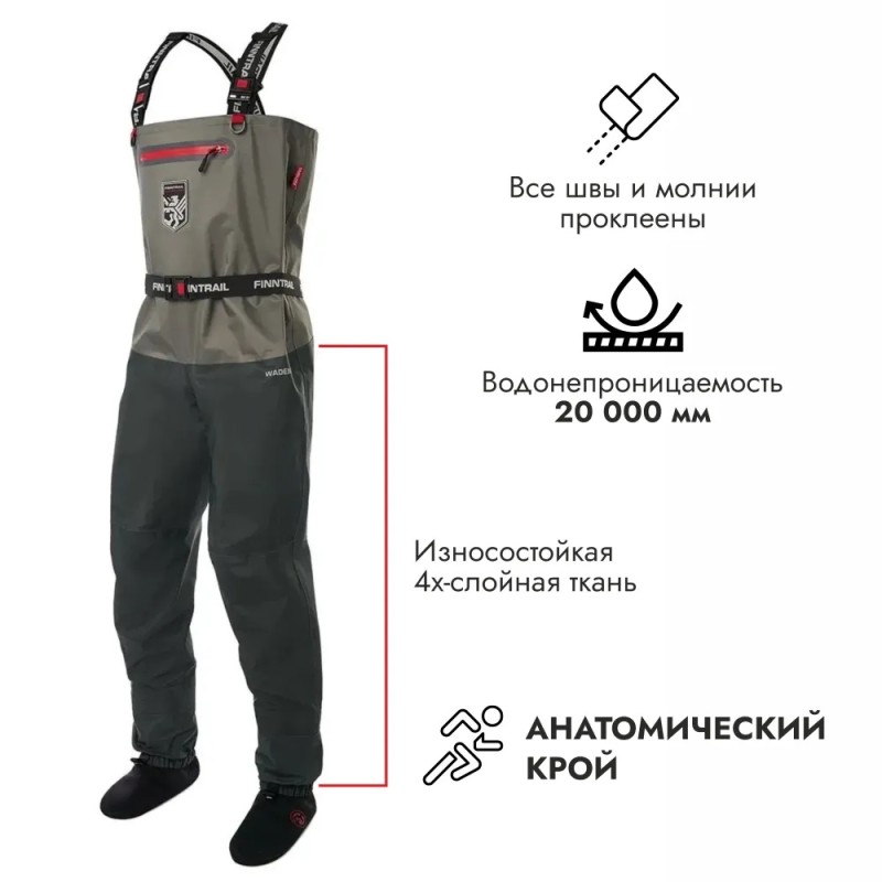 Полукомбинезон-вейдерсы Finntrail Wademan 1524 Grey, мембрана Hard-Tex, серый, размер LL/45, 185-195 см