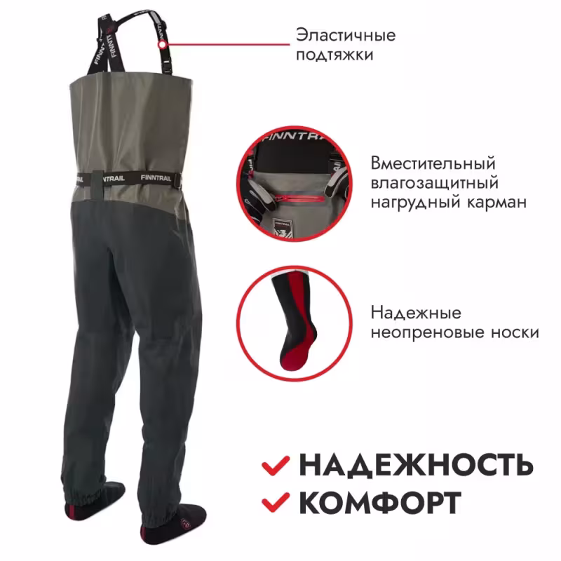 Полукомбинезон-вейдерсы Finntrail Wademan 1524 Grey, мембрана Hard-Tex, серый, размер LL/45, 185-195 см