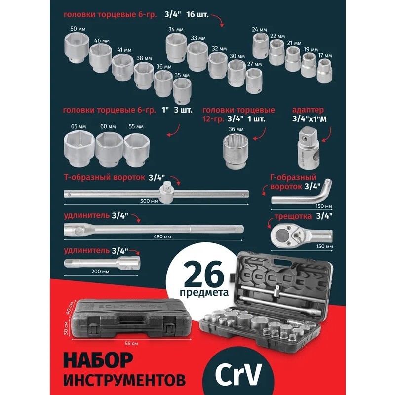 Набор торцевых головок RockForce RF-68262-5, 26 предметов