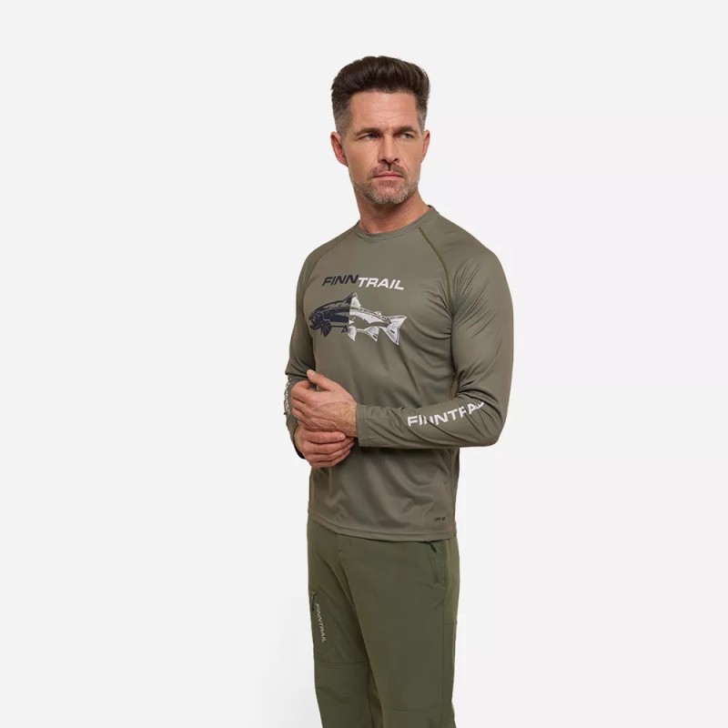 Лонгслив мужской Finntrail Wave Fish 6611 Khaki, полиэстер, хаки, размер 48-50 (M), 170-180 см
