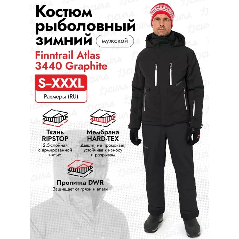 Костюм мужской Finntrail Atlas 3440 Graphite, ткань Рипстоп/мембрана Hard-Tex, графит, размер XXL, 185-195  см