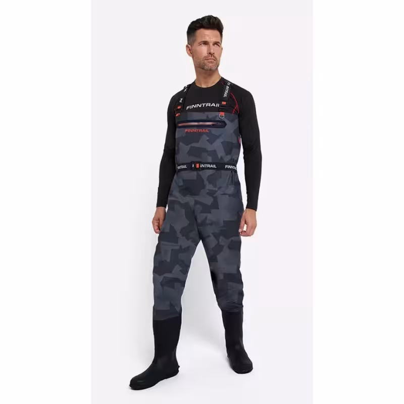 Полукомбинезон-вейдерсы мужской Finntrail Airman 5260, мембрана Hard-Tex, CamoShadowBlack, серый камуфляж, размер XXL/45, 185-195 см