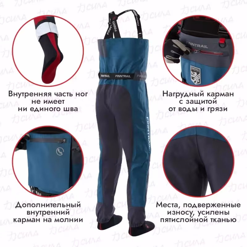 Полукомбинезон-вейдерсы мужской Finntrail Aquamaster New 1536 Blue, мембрана Hard-Tex, синий, размер 54-56 (MK), 170-180 см