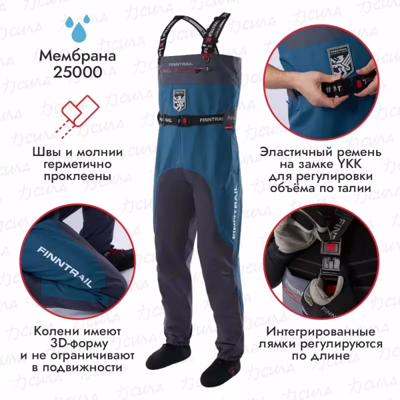 Полукомбинезон-вейдерсы мужской Finntrail Aquamaster New 1536 Blue, мембрана Hard-Tex, синий, размер 62-64 (XLK), 180-190 см