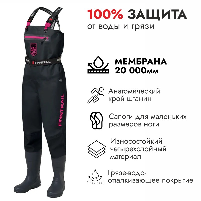 Полукомбинезон-вейдерсы женский Finntrail Rachel BF 5300 Graphite, мембрана Hard-Tex, черный, размер SQ/38, 160-170 см