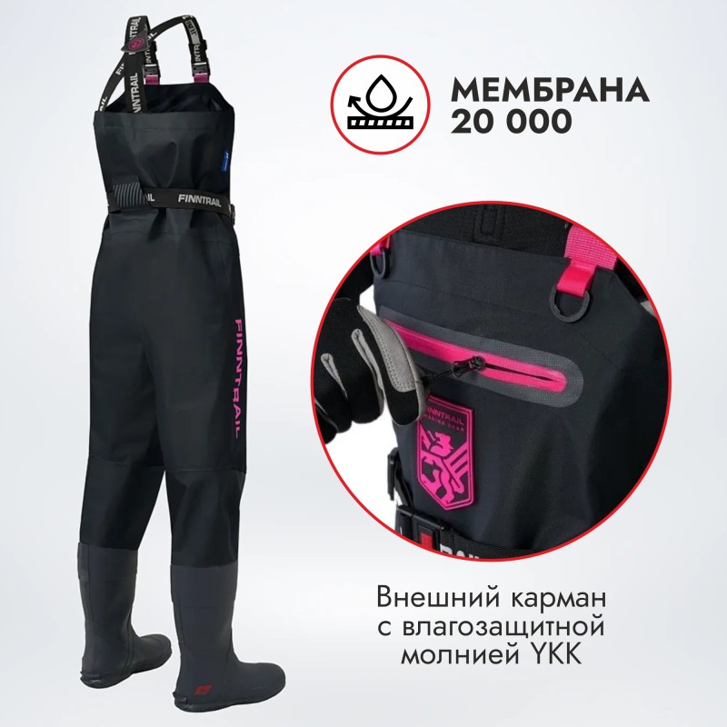 Полукомбинезон-вейдерсы женский Finntrail Rachel BF 5300 Graphite, мембрана Hard-Tex, черный, размер SQ/38, 160-170 см