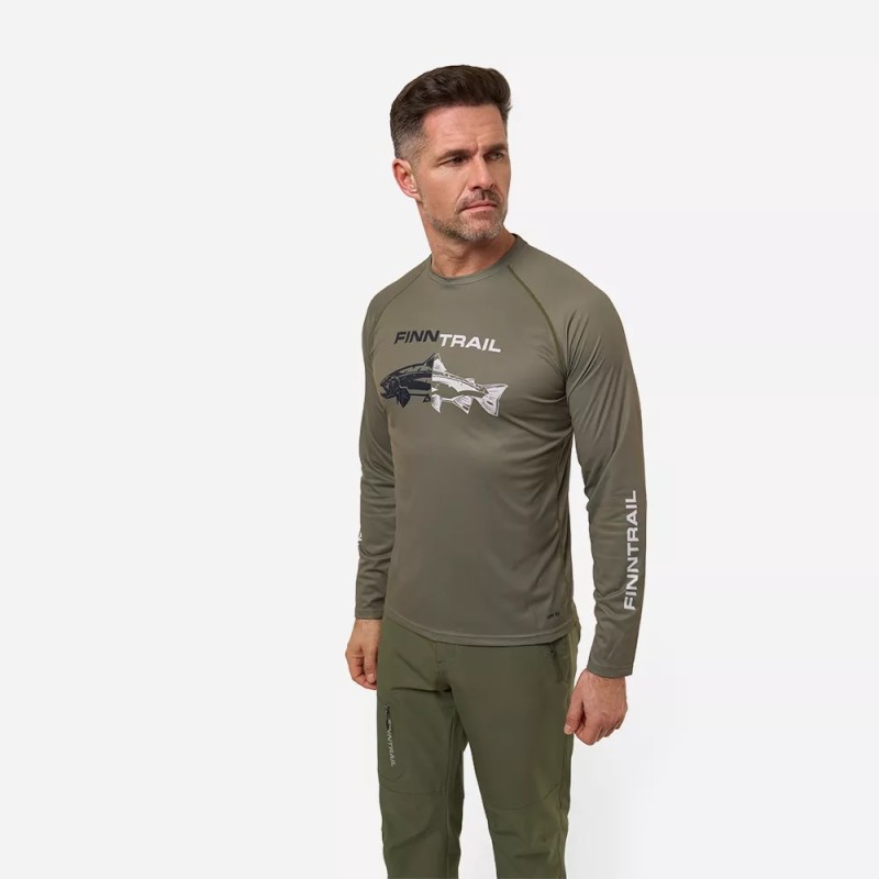 Лонгслив мужской Finntrail Wave Fish 6611 Khaki, полиэстер, хаки, размер 58-60 (XXL), 185-195 см