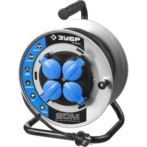 Удлинитель силовой четырехместный на катушке Зубр Профи (16 А, 3.5 кВт, 20 м)