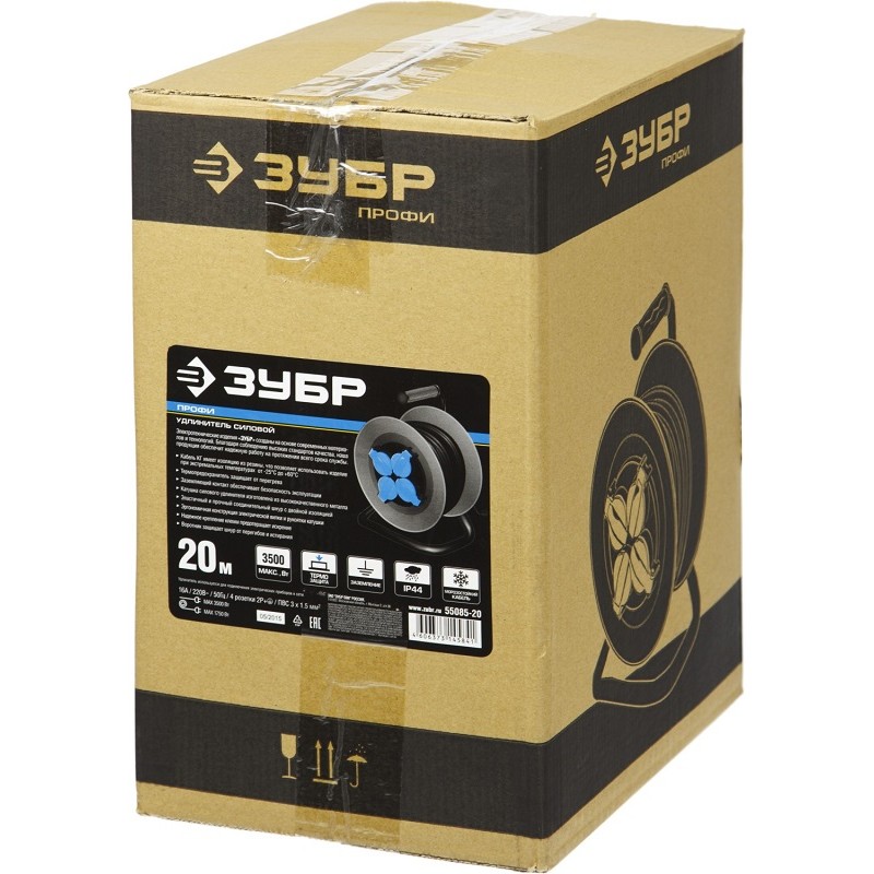Удлинитель силовой четырехместный на катушке Зубр Профи (16 А, 3.5 кВт, 20 м)