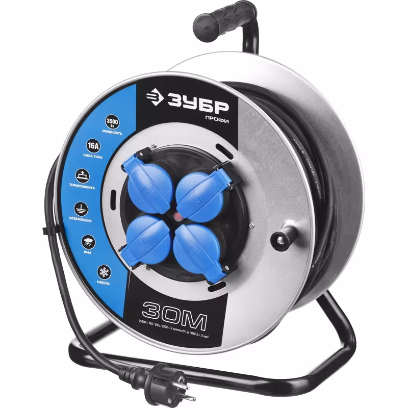 Удлинитель силовой четырехместный на катушке Зубр Профи (16 А, 3.5 кВт, 30 м)
