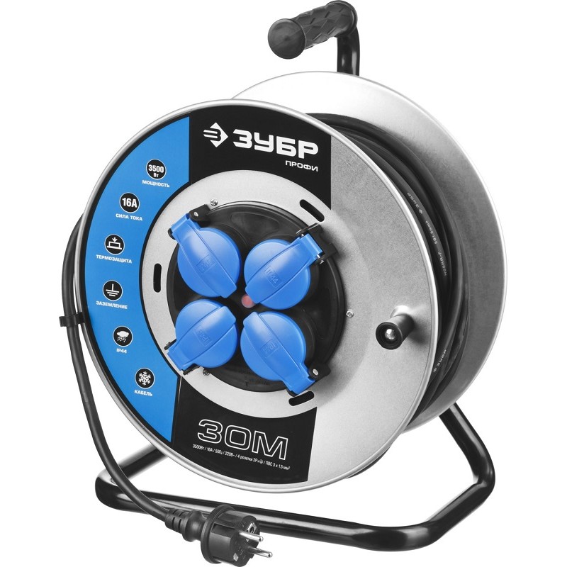 Удлинитель силовой четырехместный на катушке Зубр Профи (16 А, 3.5 кВт, 30 м)