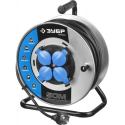 Удлинитель силовой четырехместный на катушке Зубр Профи (16 А, 3.5 кВт, 50 м)