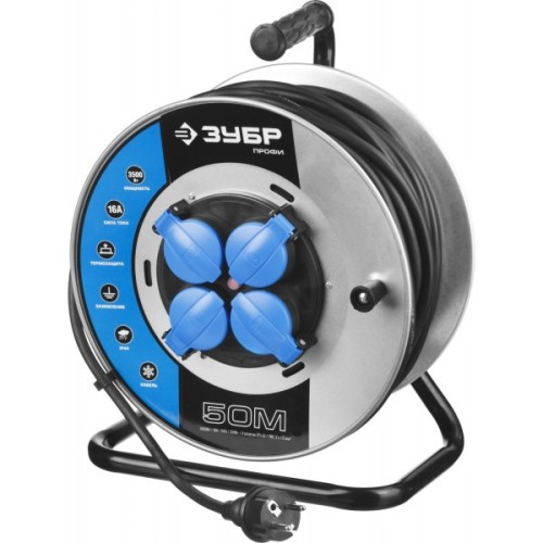 Удлинитель силовой четырехместный на катушке Зубр Профи (16 А, 3.5 кВт, 50 м)