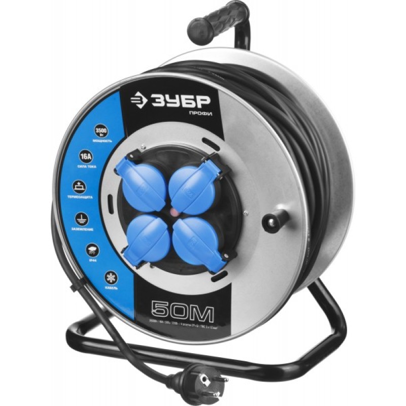 Удлинитель силовой четырехместный на катушке Зубр Профи (16 А, 3.5 кВт, 50 м)