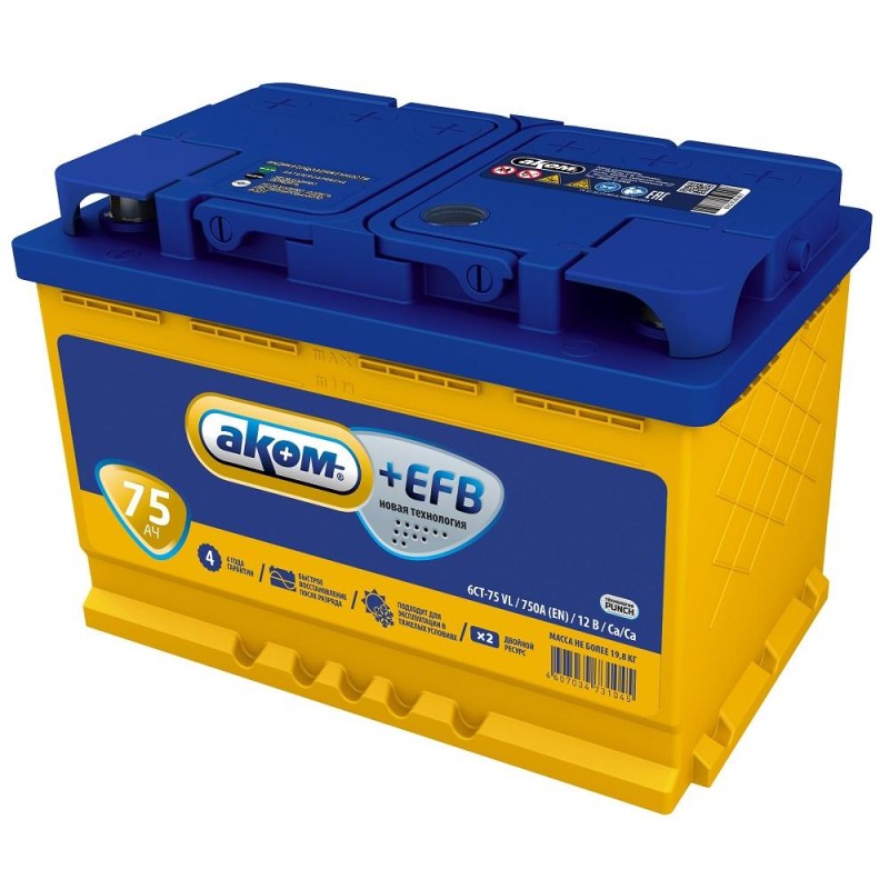 Аккумулятор Аком+ EFB (Start-Stop) 75Ah R+, 12V