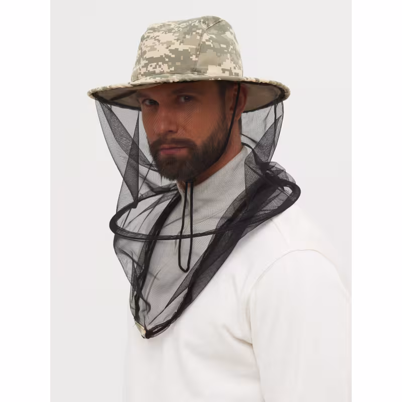 Панама-накомарник с кольцом Huntsman (Восток) Антигнус Светлый Пиксель, смесовая Рип-Стоп, камуфляж, размер 58