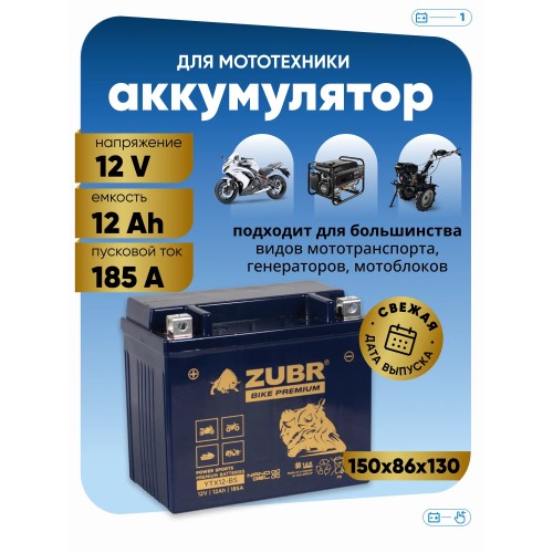 Аккумулятор Zubr Premium YTX12-BS, 12 Aч, 12В