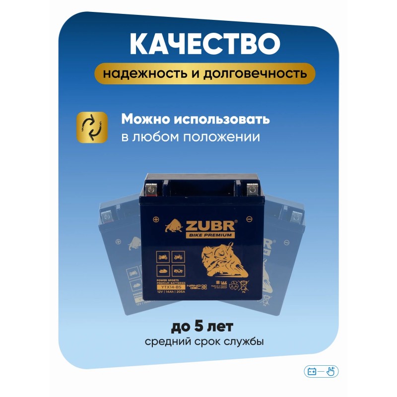 Аккумулятор Zubr Premium YTX14-BS, 12В, 14 Ач