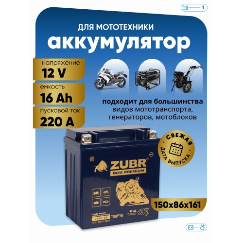 Аккумулятор Zubr Premium YTX16-BS, 12В, 16 Ач