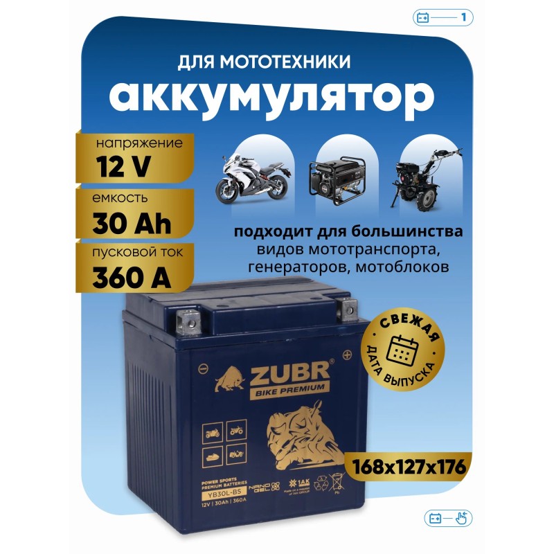 Аккумулятор Zubr Premium YTX30L-BS, 30 Ач, 12В