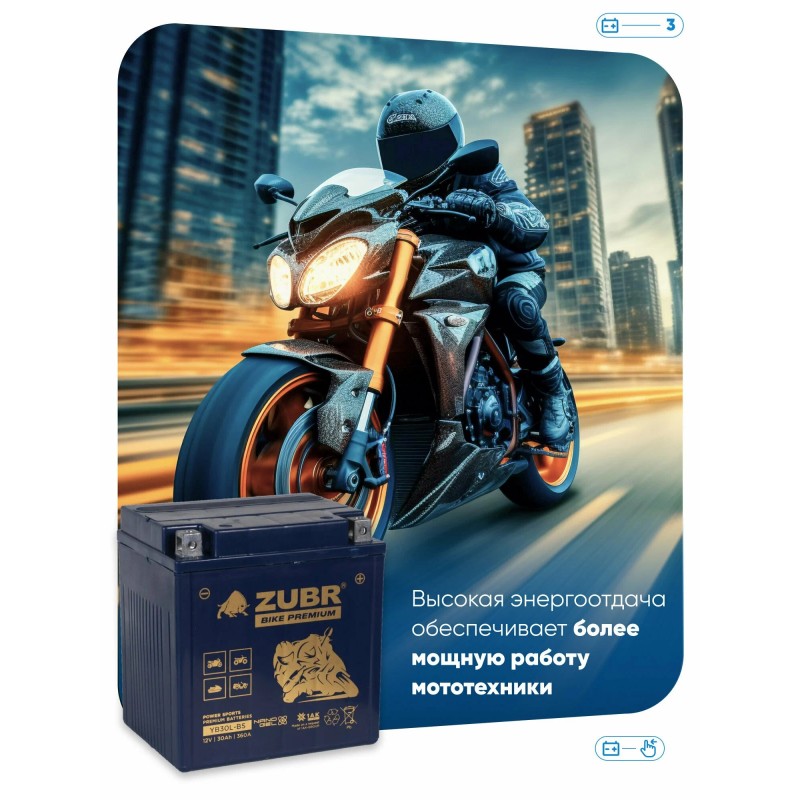 Аккумулятор Zubr Premium YTX30L-BS, 30 Ач, 12В