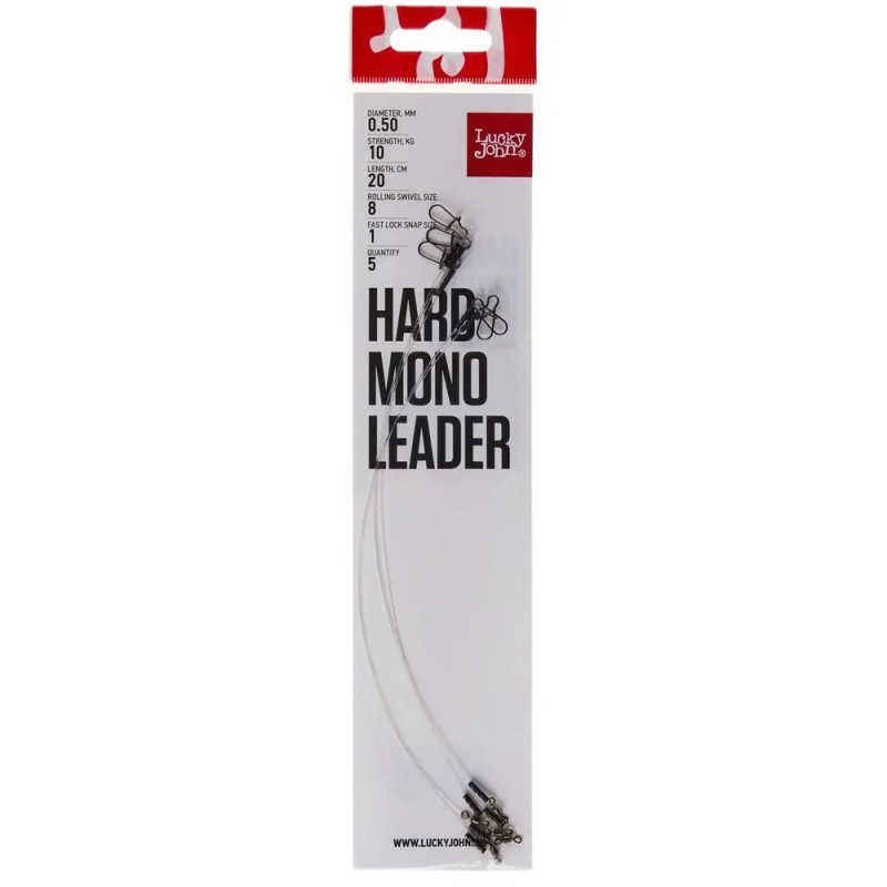 Поводки Lucky John Hard Mono LJH7550-020, оснащённые вертлюгом и застёжкой, 10 кг, 20 см (5 шт)
